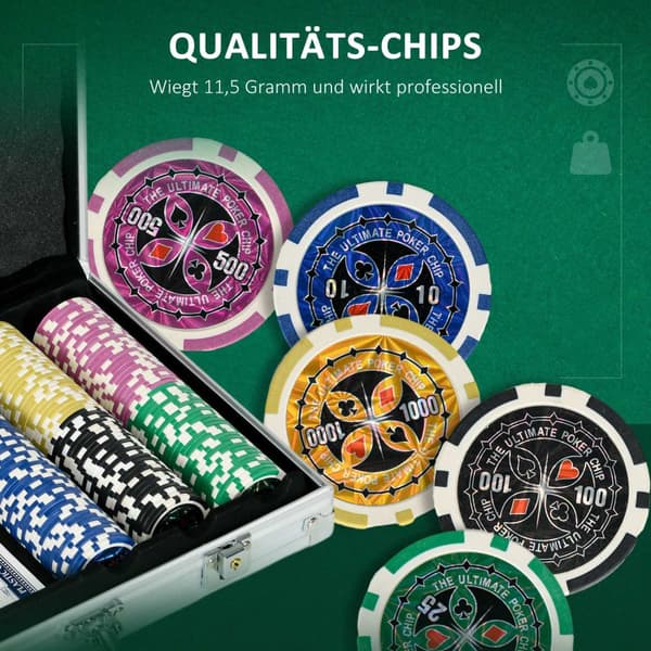 Pokerveskesett 300 Sjetonger 11,5 G Komplett Pokersett Lås 2 Kortstokker 5 Terningforhandler Blindknapper Sølv