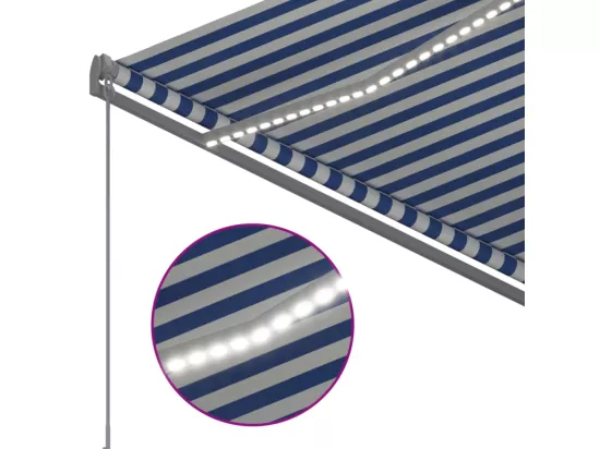 Auvent automatique capteur de vent et LED 3x2,5 m Bleu et blanc
