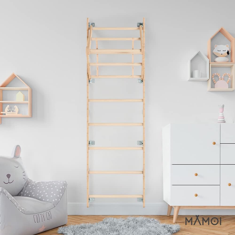 MAMOI® Klettergerüst Indoor, Sprossenwand für Zimmer, Turnringe für Klettern, Kletterwand und spielgeräte, Turngeräte mit Klimmzugstange für drinnen, Sportgeräte