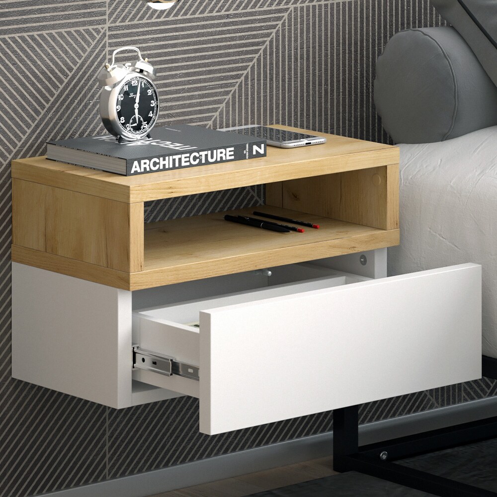 Vicco hängender Nachttisch Urban, 45x28cm, Eiche Weiß, Kommode mit Schublade
