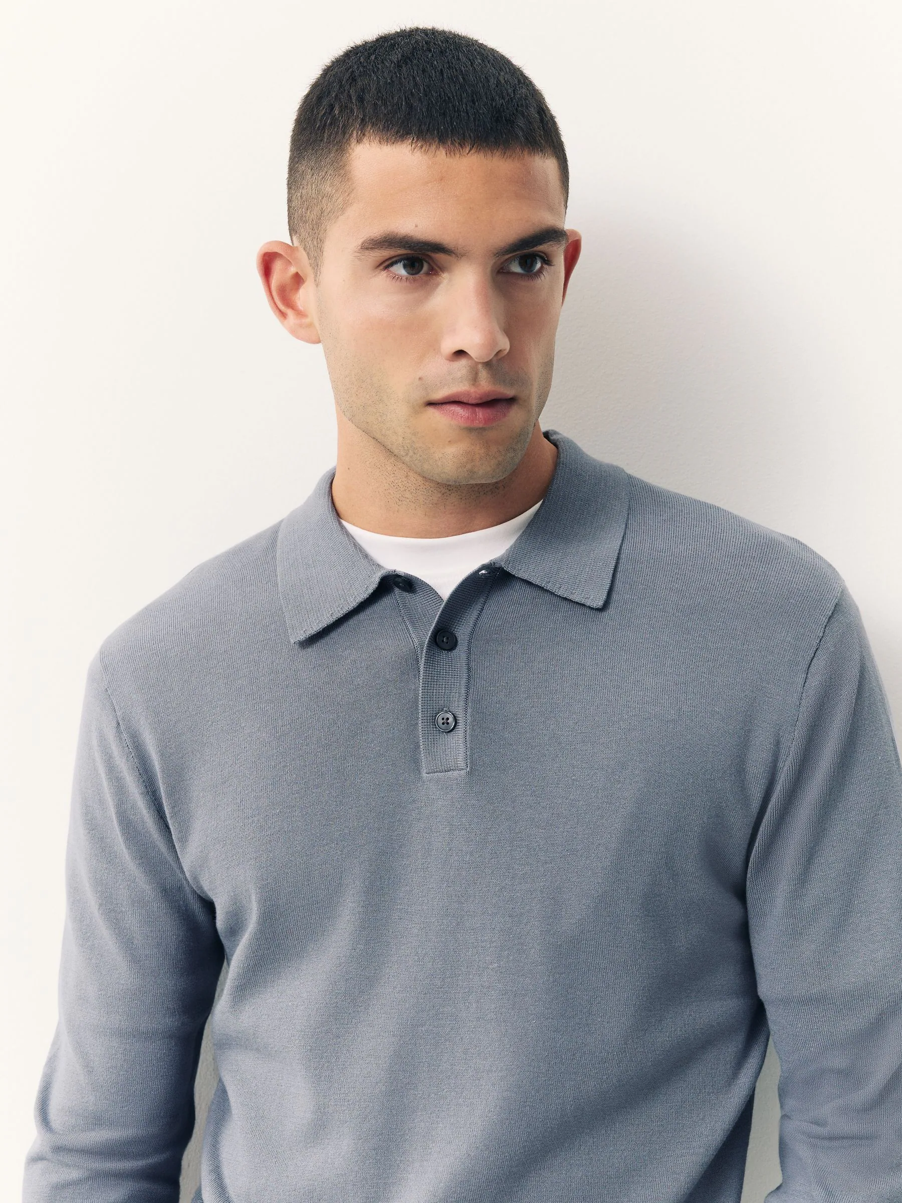 Grijsblauw - Slim Fit - Katoenrijk gebreid poloshirt met lange mouwen