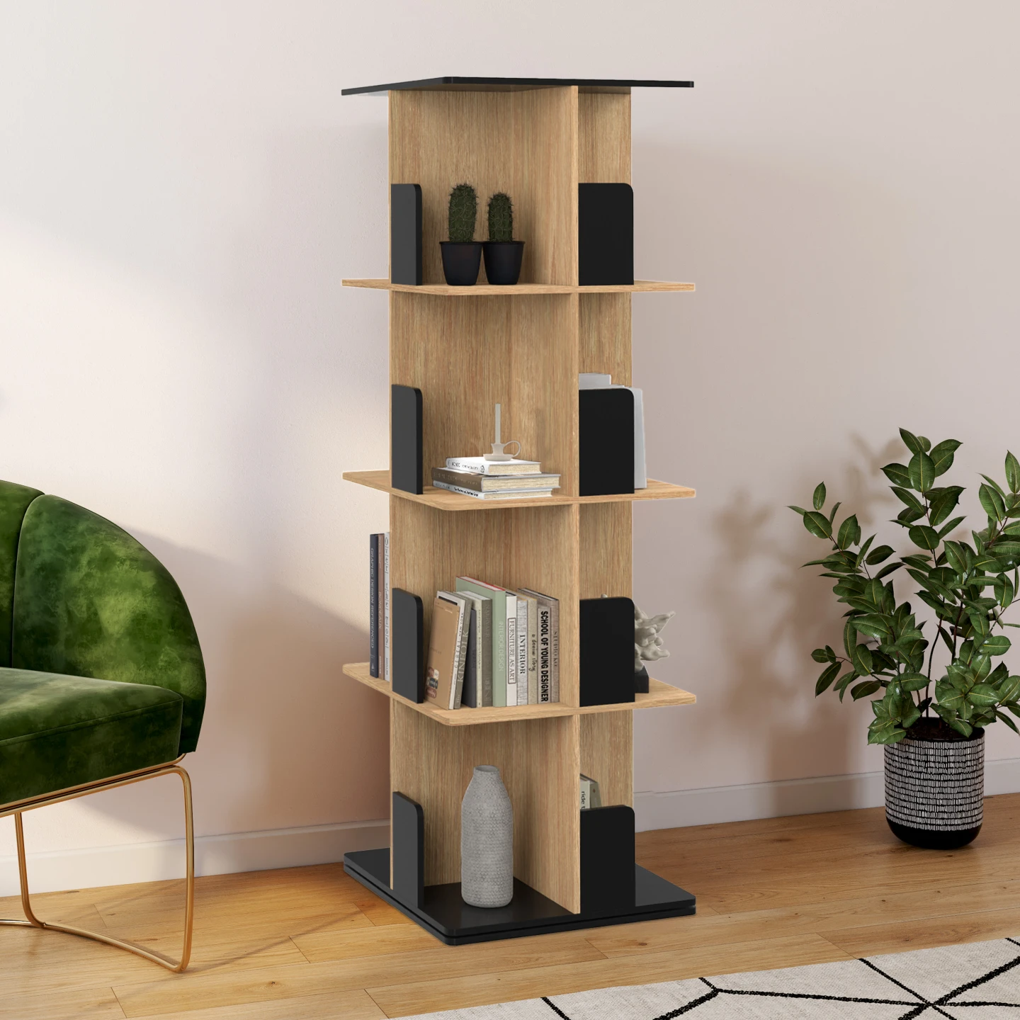 Etagère bibliothèque rotative 4 niveaux RAPHA noir et effet bois