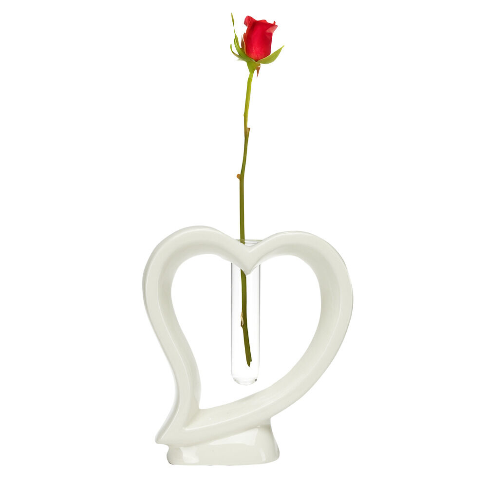 Vase en céramique forme coeur blanc avec soliflore en verre 6,5x17xH19cm