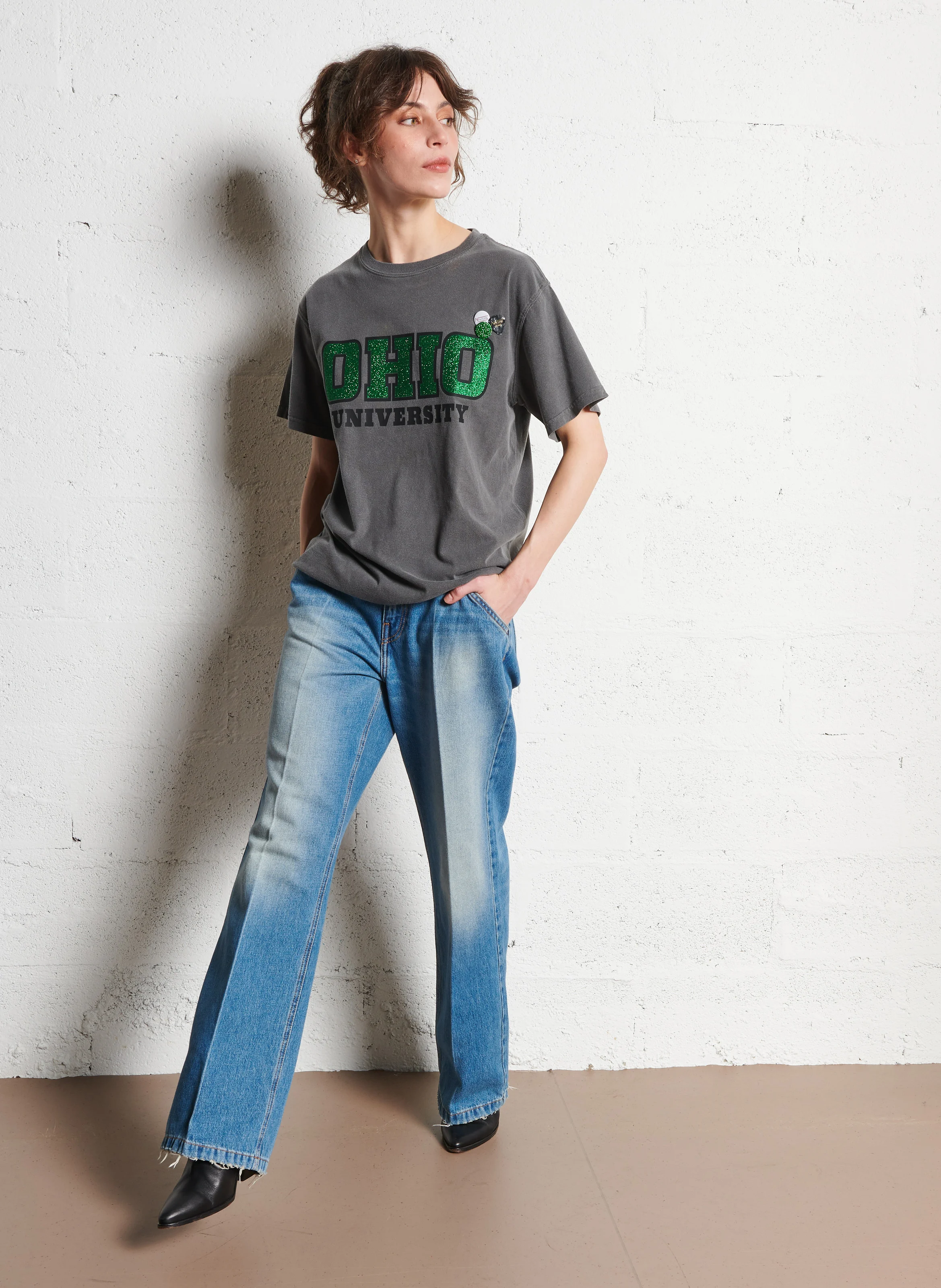 TRUCKER UNIVERSITY - Tee-shirt droit col rond sérigraphie à paillettes en coton | Gris