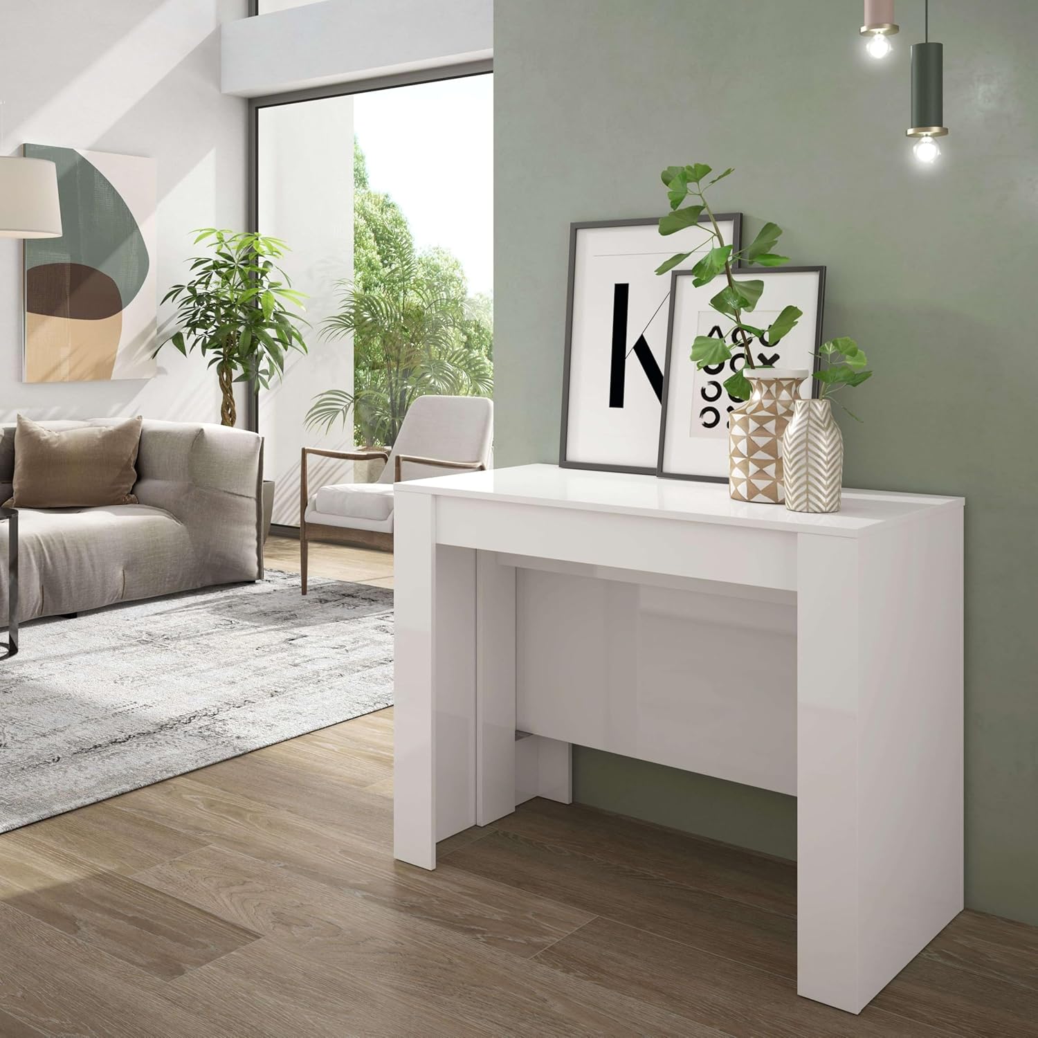 Habitdesign, ausziehbarer Konsolentisch, Esstisch für Wohnzimmer, Flur oder Küche, platzsparend & multifunktional, Hochglanz Weiß, Maße: 50–235 x 78 x 90 cm (L x H x B), Modell Extensible