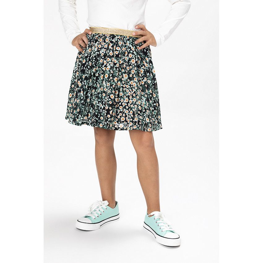Jupe courte en voile de viscose imprimé fleuri pour fille - Noir