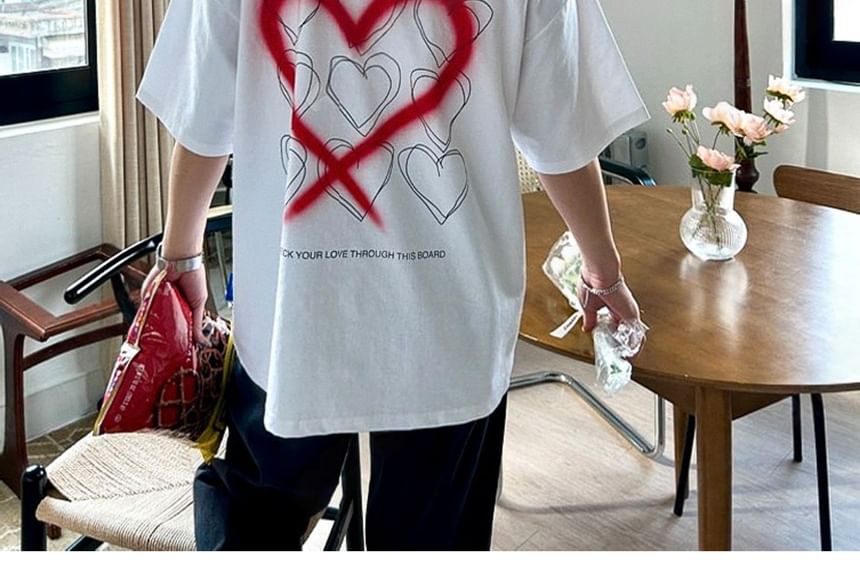 SeoulPop - T-shirt met korte mouwen en hartprint, losvallend