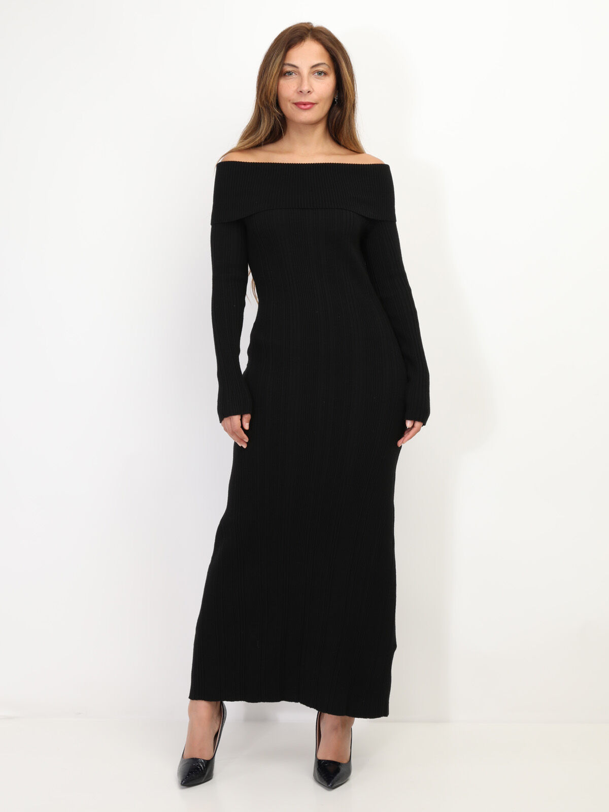 Robe longue en maille à col bardot- Noir
