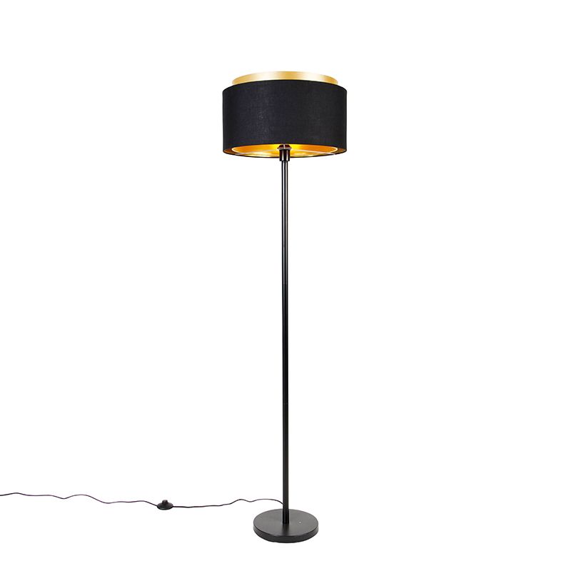 Moderne vloerlamp zwart met kap zwart met goud - Simplo