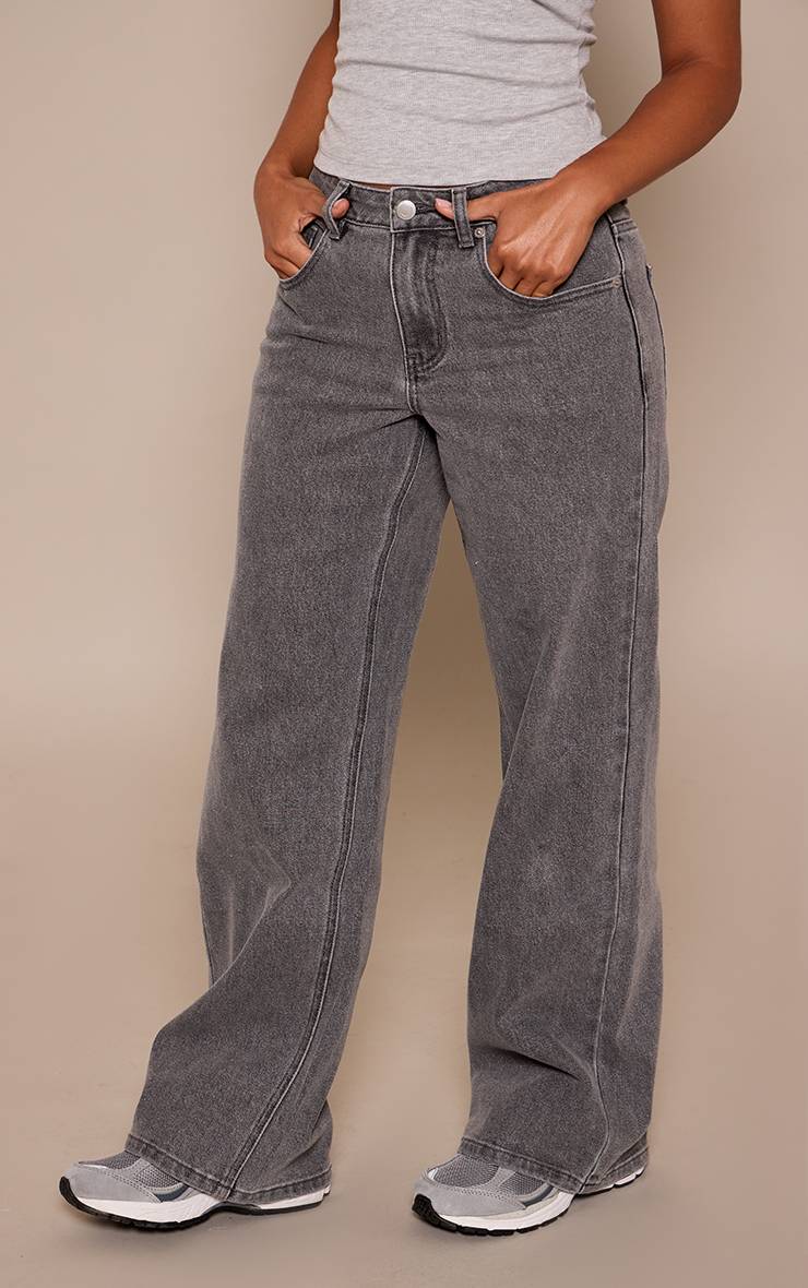 Washed Grey Jean Droit Taille Haute Stretch Gris Délavé Petite