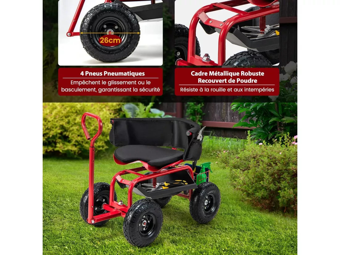 Siège de Jardin Roulant pour Travail avec Poignée Extensible, Chariot Jardinage avec Siège Pivotant à 360° Plateau Panier de Rangement Coussin Charge 135KG, pour Pelouse Atelier