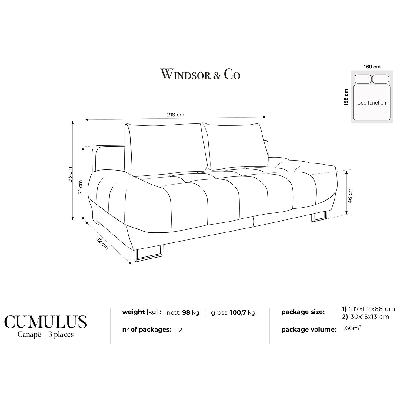 Windsor & Co Canapé convertible avec coffre de rangement Cirrus noir - 215x112x90 cm