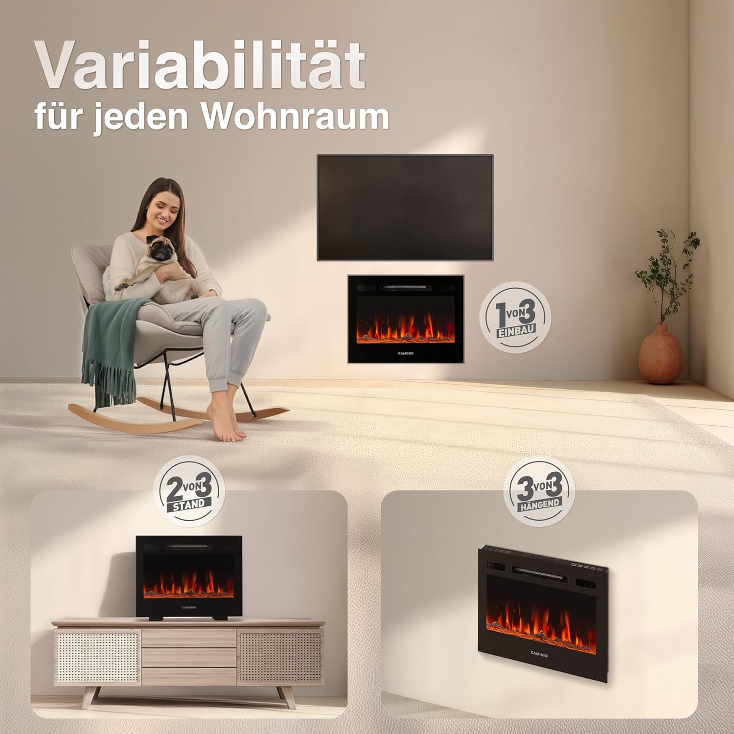 Elektrokamin Marlon - Elektrischer 3-in-1 Kamin mit Heizung, 3D-Flammeneffekt, 12 Flammenfarben, Fernbedienung (24 Zoll)