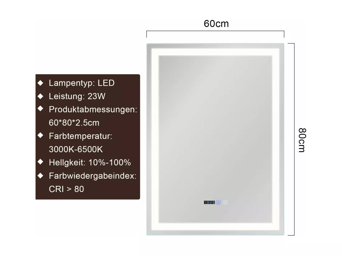NETTLIFE Miroir lumineux salle de bain - 60x80 cm LED, mural, IP44, interrupteur tactile, horloge, réglable