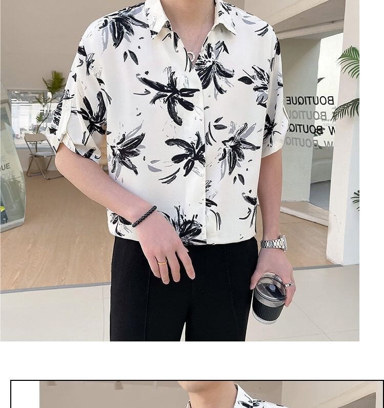 Sheck - Oversized overhemd met korte mouwen, reverskraag en bloemenprint