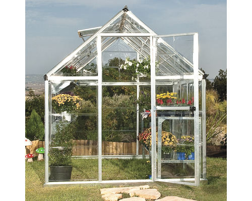 Kas Harmony met 6x14 polycarbonaat panelen (0,7 mm) inclusief funderingsframe, 426 x 185 cm, aluminium.