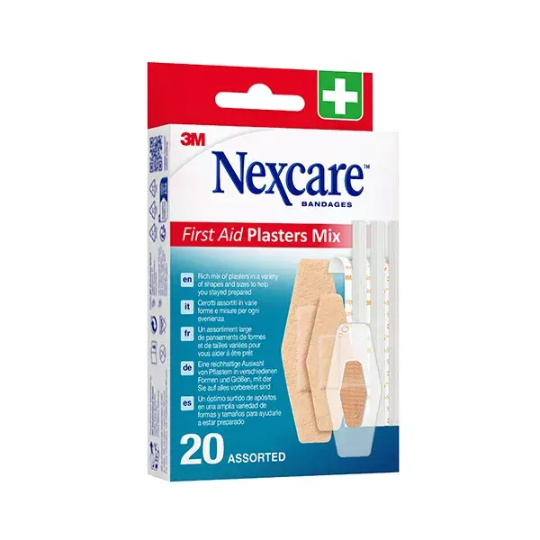 Conjunto de curativos adesivos Nexcare™ com 20 caixas variadas.