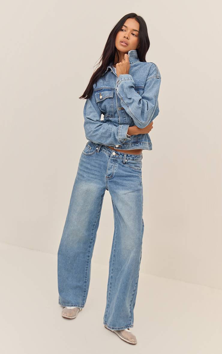 Mid Blue Wash Veste En Jean Plissée Avec Dos Cintré
