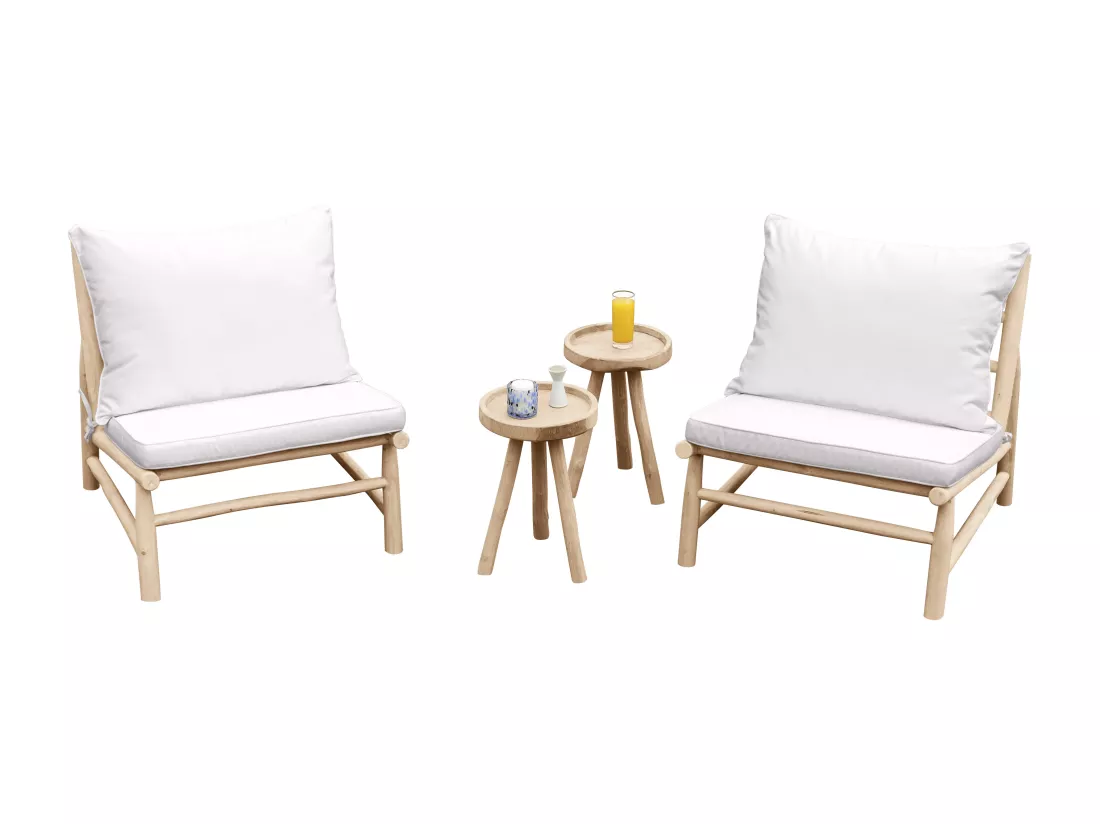 Salon de jardin en teck : 2 fauteuils et 2 tables d'appoint - Naturel clair et blanc - TULUM de MYLIA