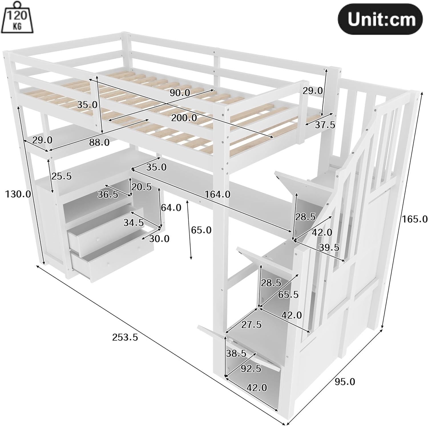 Hochbett mit Schreibtisch und Treppe, Etagenbett Kinderbett mit Stauraumschubladen und Regale, 90x200cm Stockbett Funktionsbett Kinderhochbett Jugendhochbett, inklusive Lattenrost, ohne Matratze,Weiß