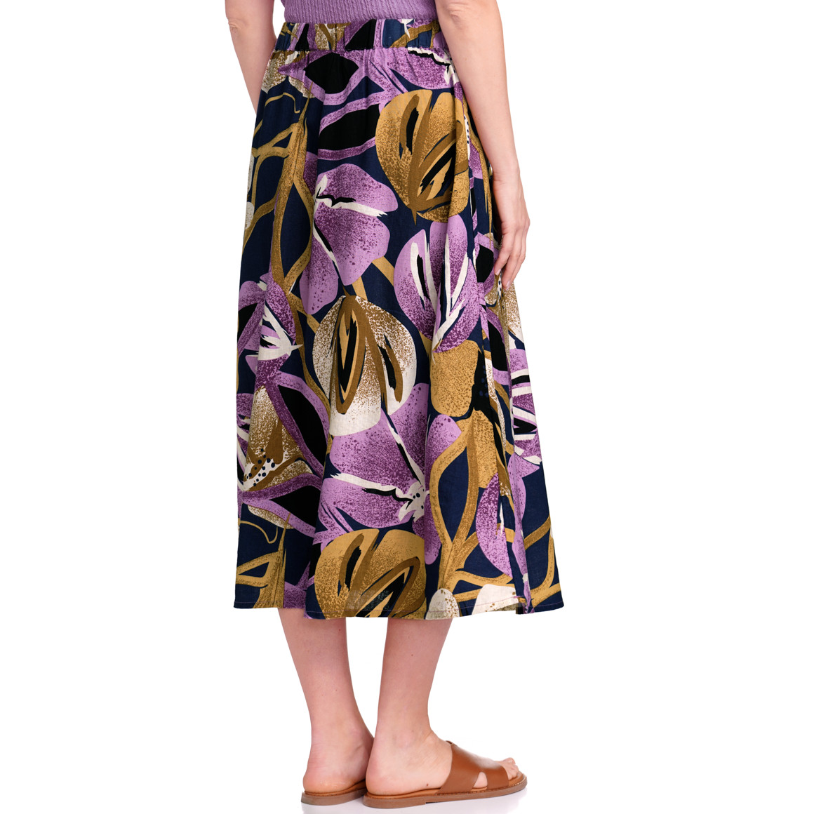 Gina Benotti Damen Leinen-Midi-Rock mit Allover-Print dunkelblau / helllila / beige