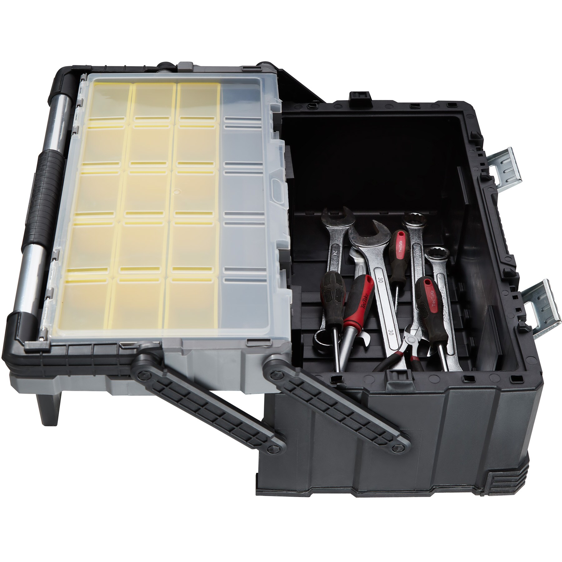 tectake® Werkzeugkasten, aus robustem Kunststoff, 2 Ebenen mit 15 Sortimentskästchen zum Herausnehmen, 56,5 x 31,5 x 24,5 cm