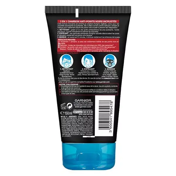 Garnier SkinActive PureActive Charcoal 3 em 1 Tratamento Anti-Cravos 150ml