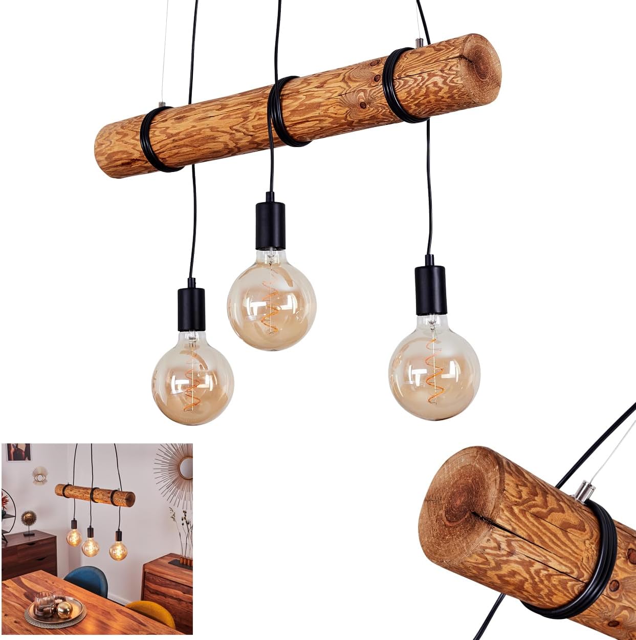 Pendelleuchte Canedo, 3-flammige Hängelampe aus Metall/Holz in Schwarz/Braun im skandinavischen Design, Hängeleuchte mit Holzstab und Fassungen aus Metall, 3 x E27, ohne Leuchtmittel