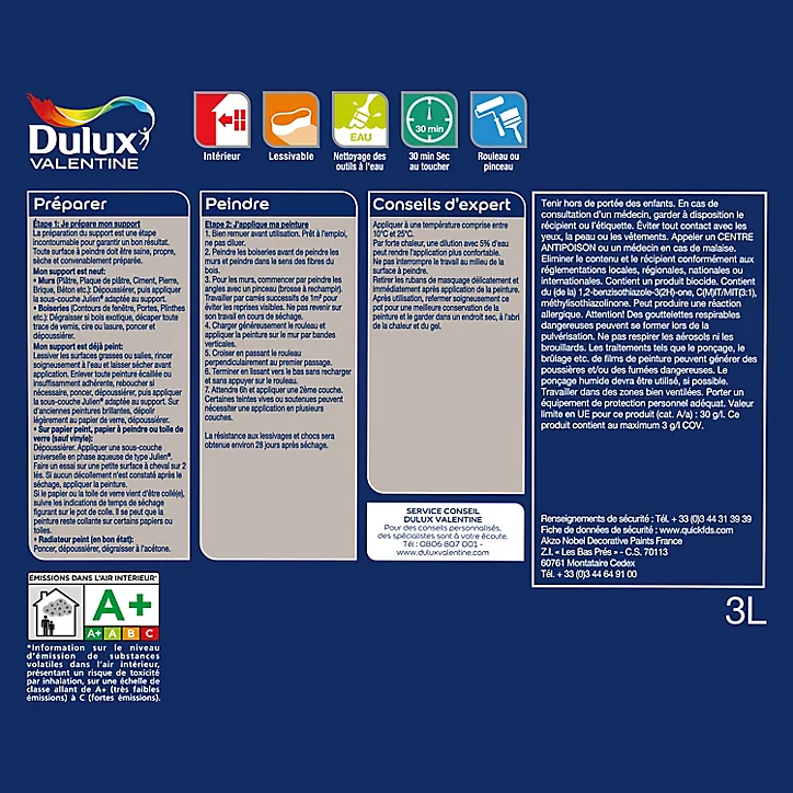 Peinture Crème De Couleur Dulux Valentine satin lin clair 2,5L + 20% gratuit
