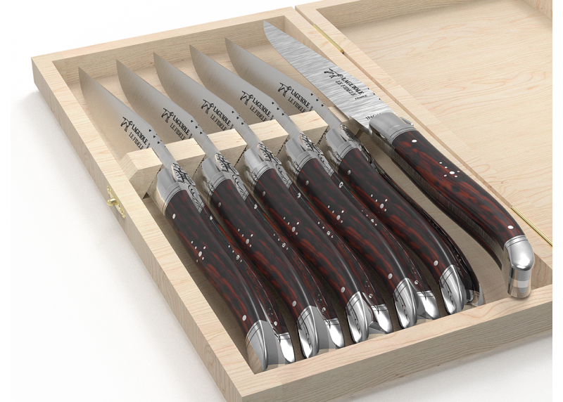 Service de 6 couteaux Laguiole avec un manche en bois d'amourette et mitres en acier inoxydable