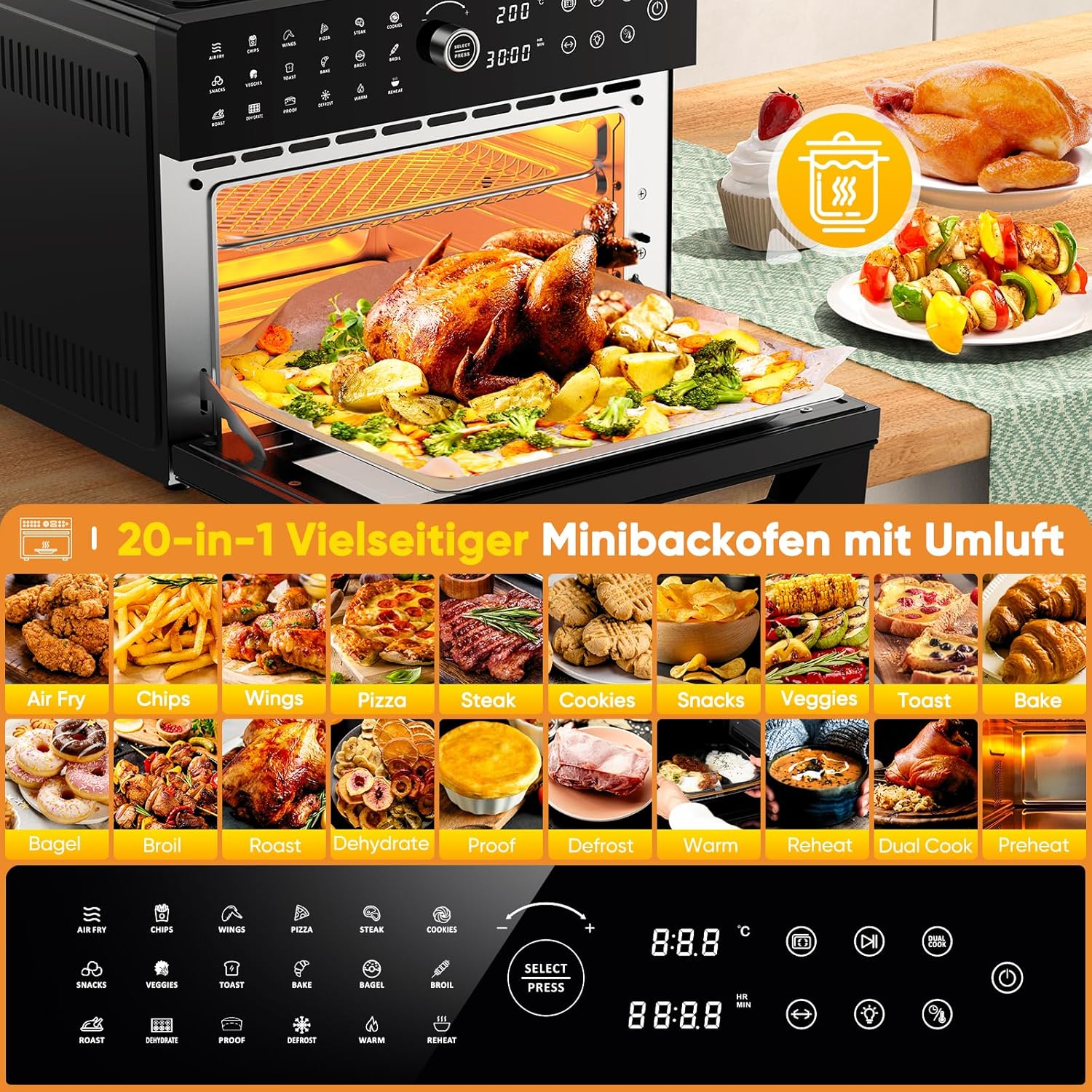 30L Heißluftfritteuse XXL Minibackofen mit LED-Touchscreen, Minibackofen mit Umluft mit 20 Programmen und Zwei Kochmodi, 1800W Heissluftfritteuse Air Fryer Oven ohne Öl, 8h Timer, Rezeptbuch,7 Anhänge