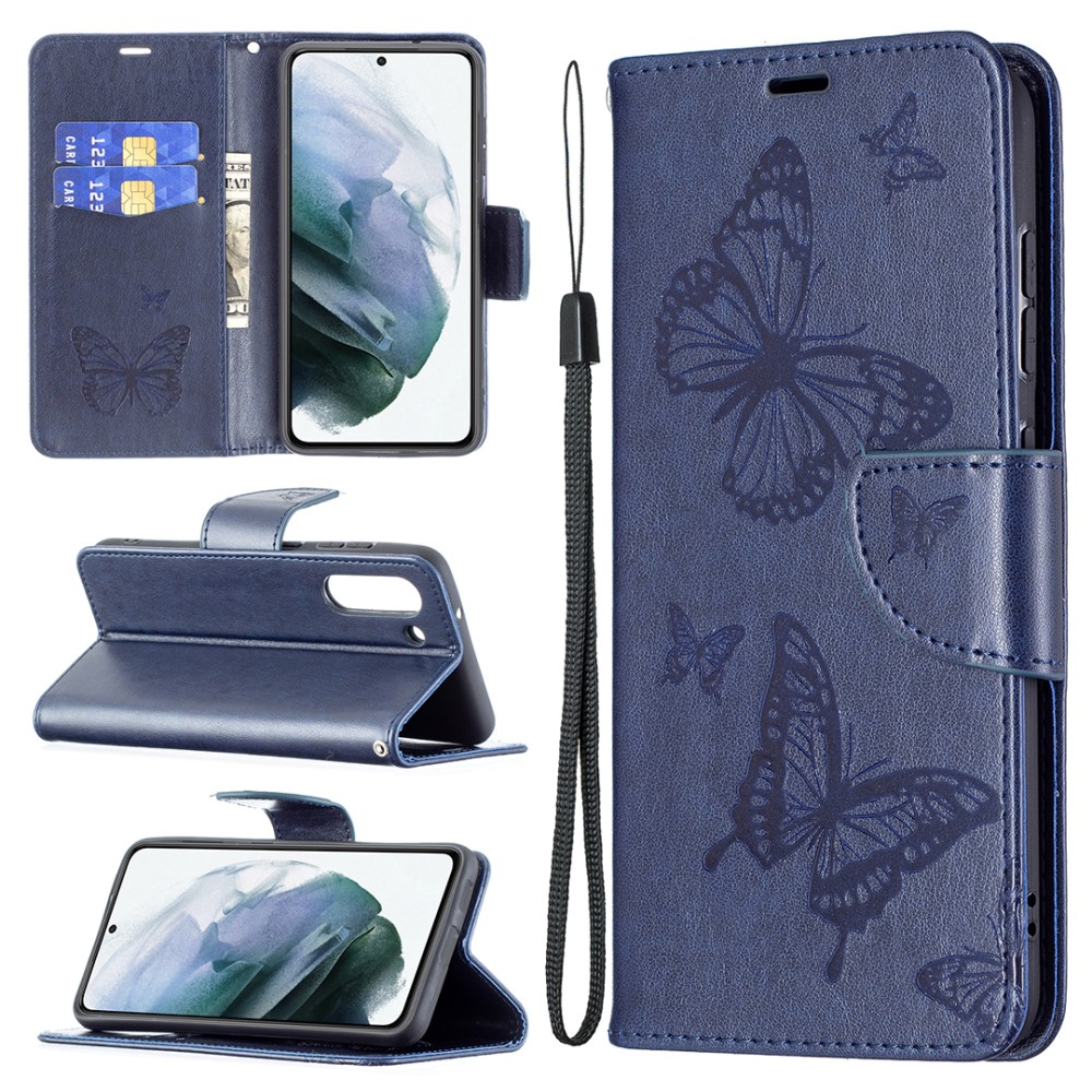 Samsung Galaxy S21 FE 5G Leder Tasche mit Kartenfach   Handschlaufe Schmetterling - Blau