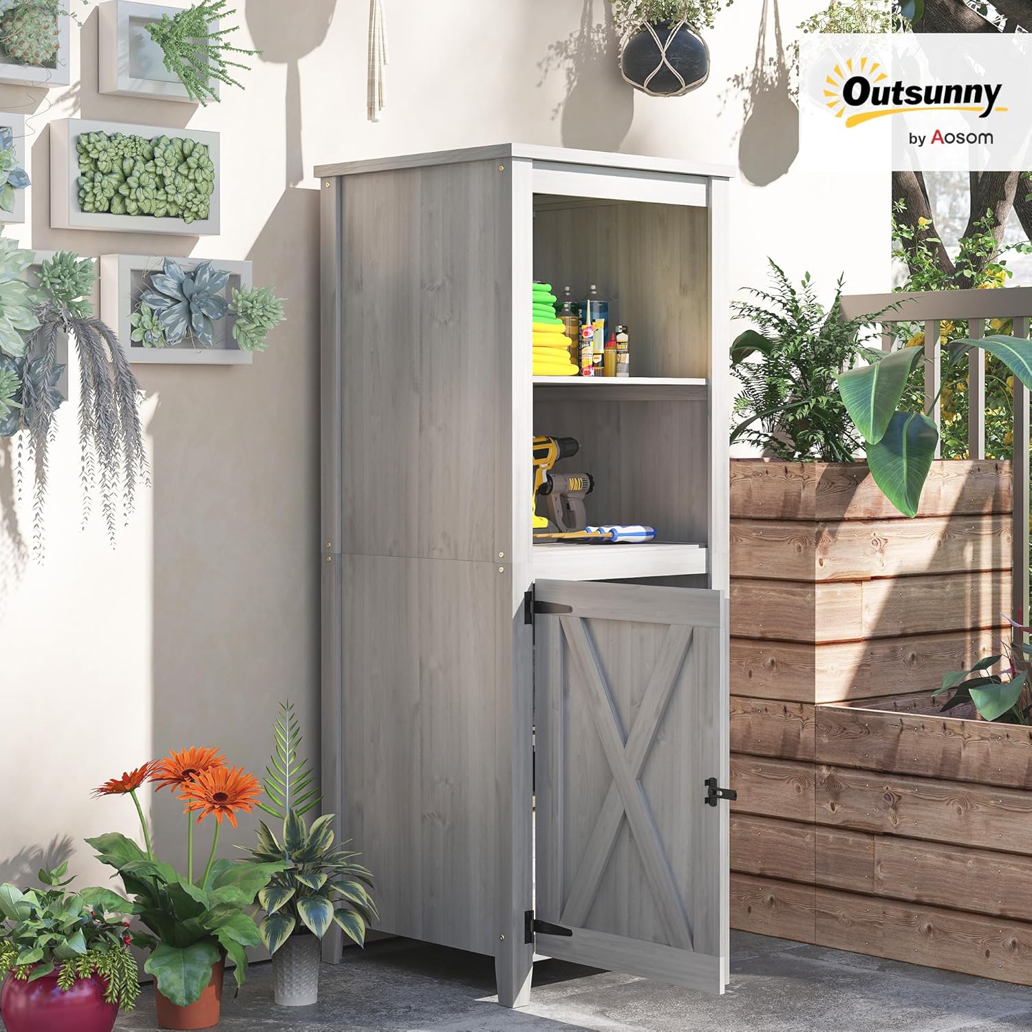Outsunny Gartenschrank Holz, wetterfest 60x60x160cm Gartenschuppen, Geräteschuppen mit höhenverstellbar Ablagen, Tür, Abschließbar Gerätehaus, Geräteschrank für Terrasse, Hinterhof, Garten, Hellgrau