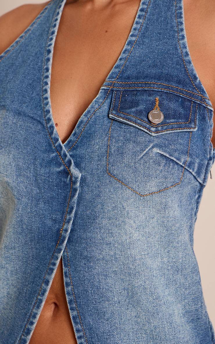 Mid Blue Wash Top En Denim Bleu Moyen Décolleté Dos Nu Avec Détail Poche Petite