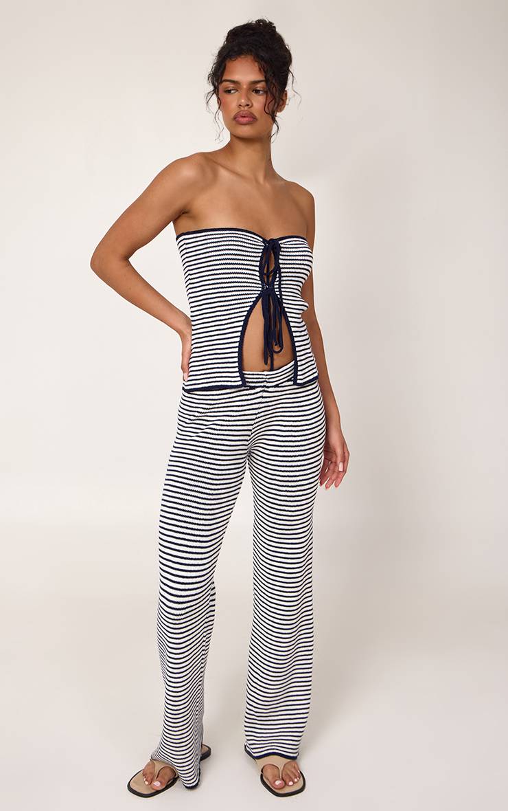 Bleu Marine Pantalon En Maille À Rayures Avec Cordon De Serrage
