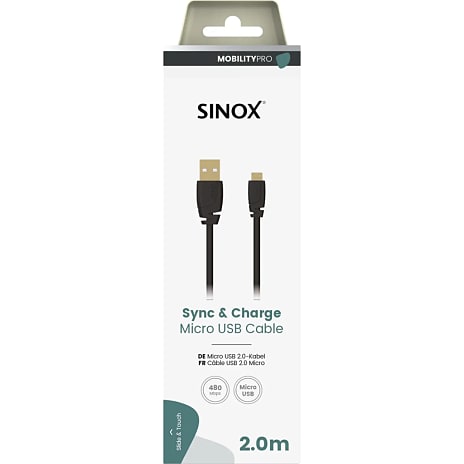 Sinox Micro-USB kabel 2 meter - sort