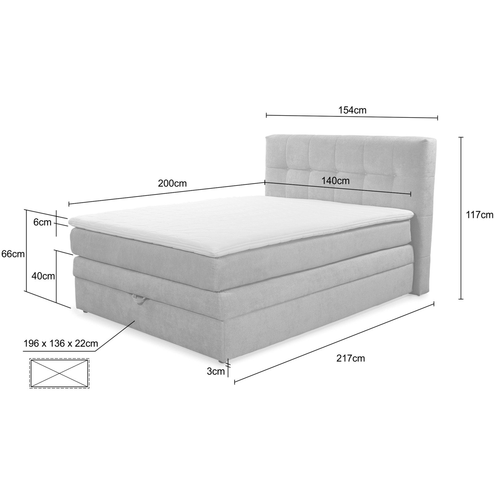 Boxspringbett Amy, Stoff, mit Bettkasten, 140 x 200 cm Samt grau
