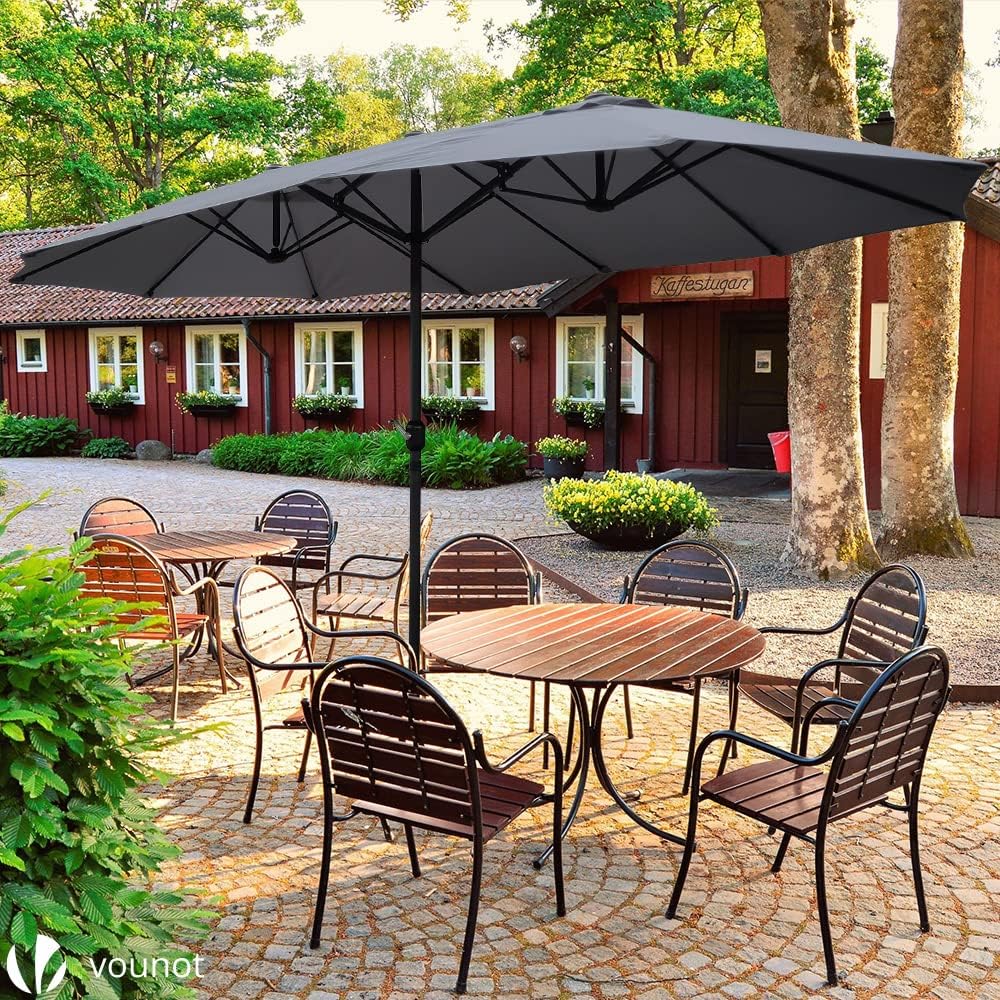VOUNOT Doppelsonnenschirm mit Handkurbel, Sonnenschirm Marktschirm Gartenschirm Terrassenschirm, Sonnenschutz, 460 x 270 cm, Grau