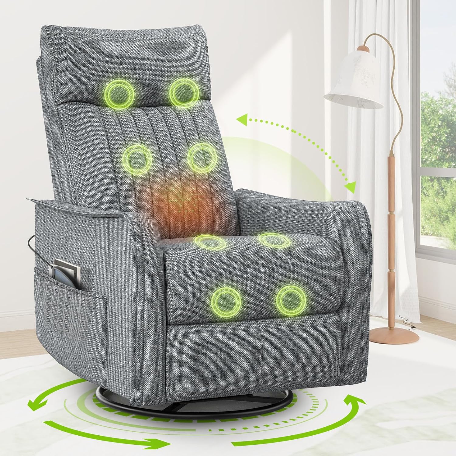 Fernsehsessel Massagesessel mit Liegefunktion, Relaxsessel mit Wärme und Massage, 360°Drehbarer TV Sessel Wohnzimmer, Schaukelstuhl mit Gepolsterte Kopfstütze, 2 Seitentaschen