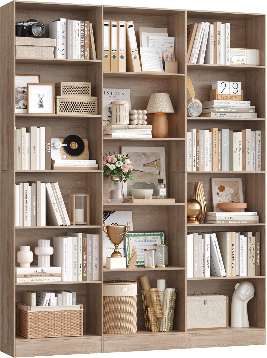 FirFurd Bücherregal 188 cm, Regal mit 17 Fächern, Bücherschrank, Standregal, Aufbewahrungsregal, für Wohnzimmer Büro Arbeitszimmer, 149 x 23,5 x 188 cm, Eiche