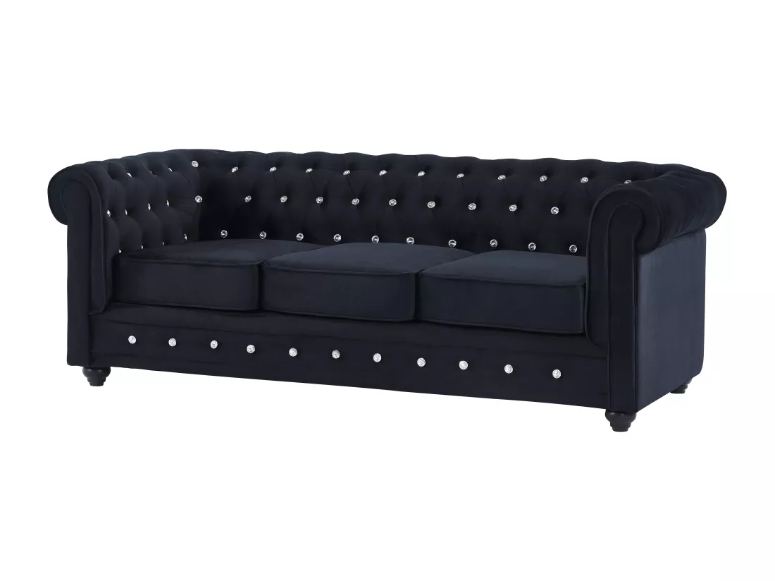 Canapé 3 places et 2 fauteuils CHESTERFIELD - Velours noir et boutons effet cristal