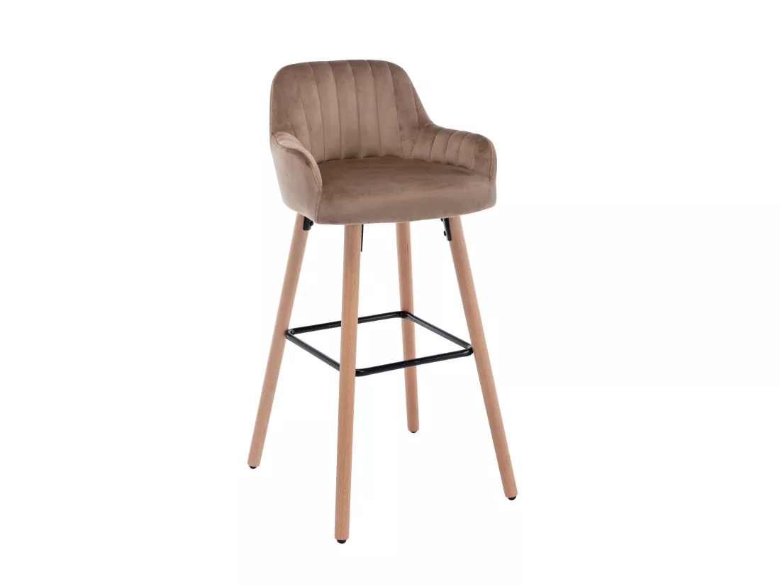 Lot de 2 tabourets de bar en velours et pieds bois de hêtre - Beige - ELEANA
