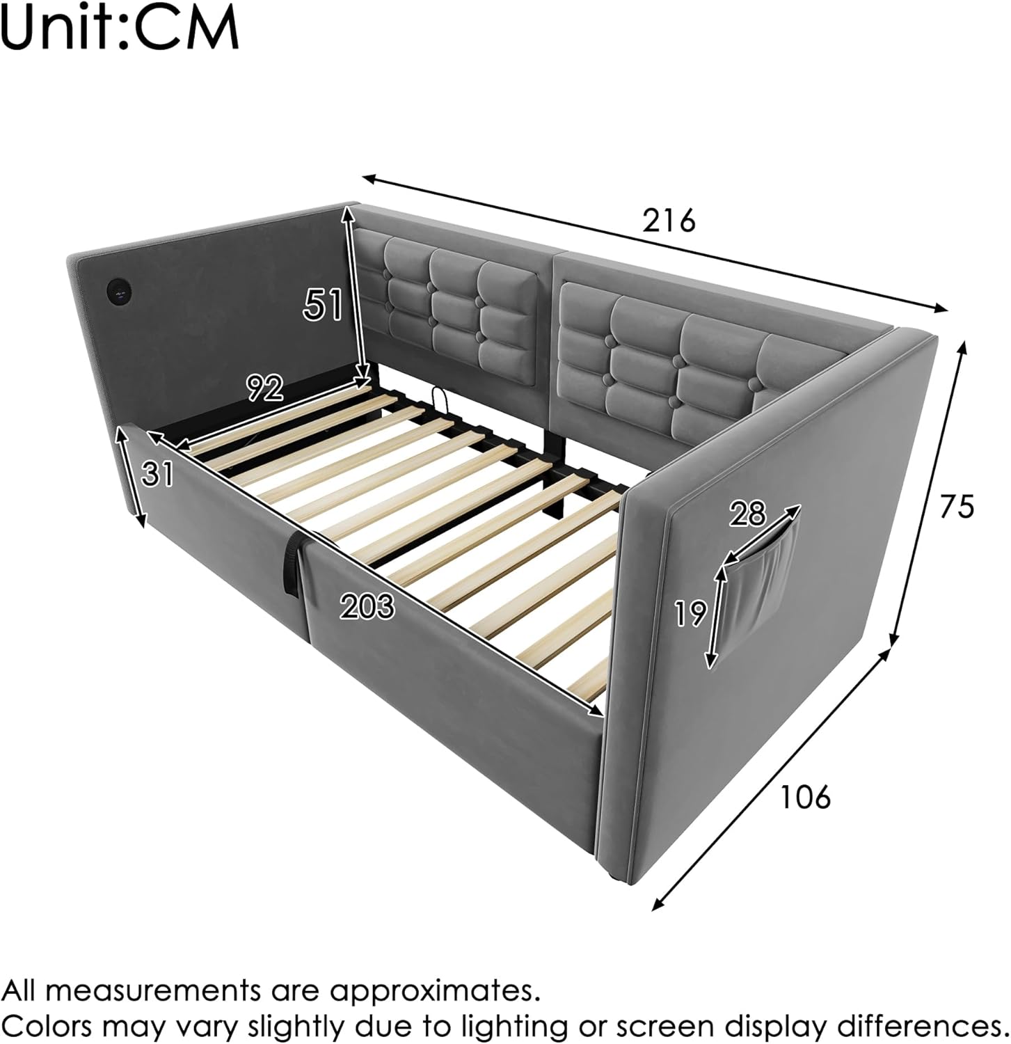 Polsterbett Tagesbett 90x200, Funktionsbett mit Hydraulischem Stauraum & USB Type-C Ladestation, Einzelbett Schlafsofa Jugendbett Bettgestell Gästebett mit Holz Lattenrost, Samt, Ohne Matratze, Grau