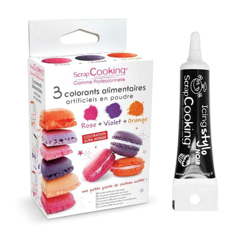 3 colorants alimentaires orange, violet, rose + Stylo de glaçage noir