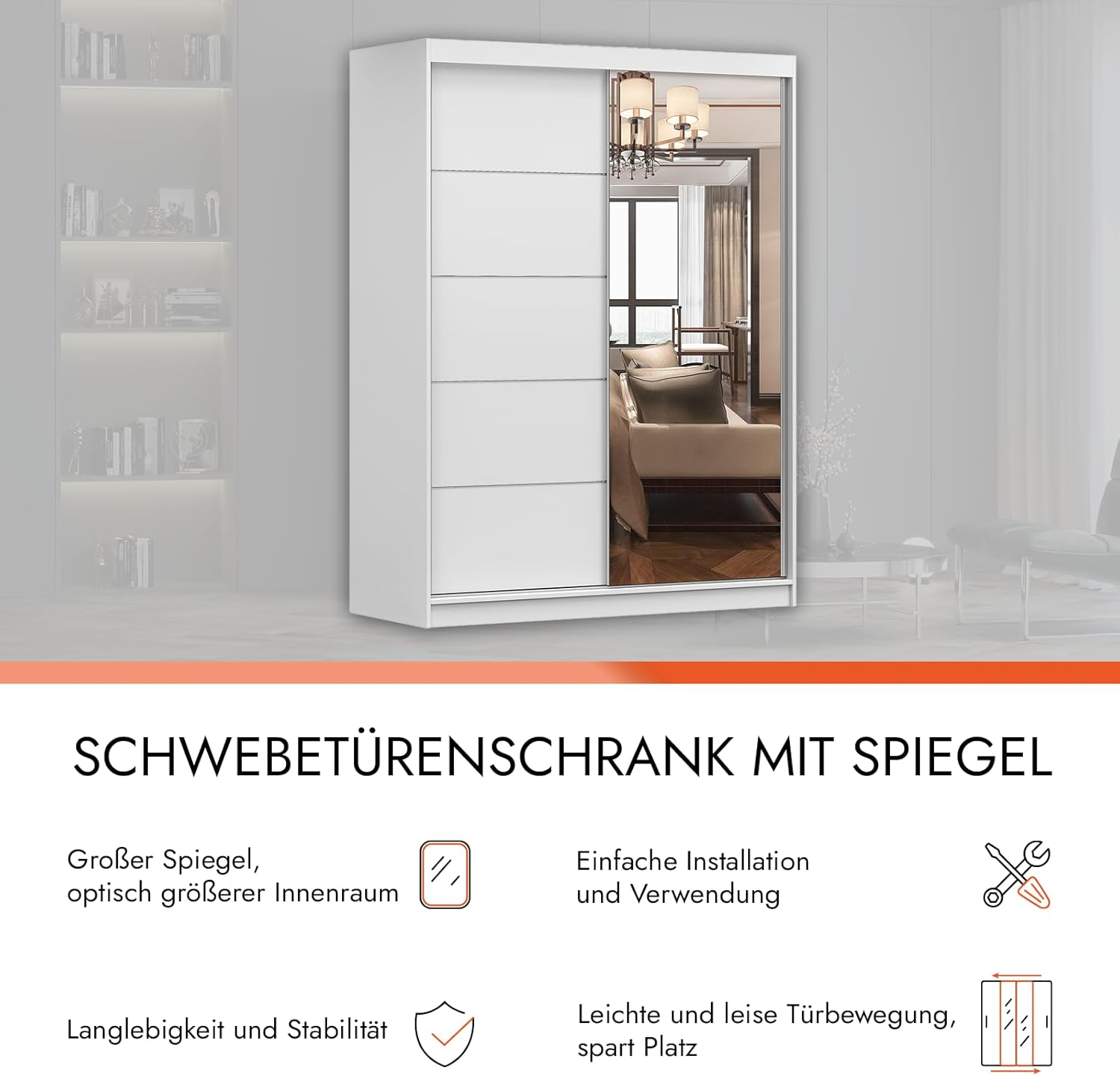 Fabryka Mebli Idźczak Kleiderschrank mit Spiegel, Schiebetüren - Weißer Schwebetürenschrank, Schlafzimmerschrank - ‎61 x 150 x 200 cm - Schrank für Schlafzimmer, Ankleidezimmer, Garderobe