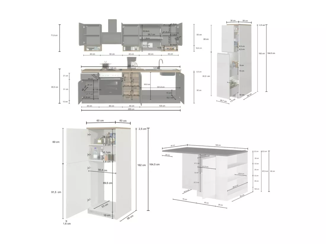 Cuisine complète Dantenucc, Ensemble avec garde-manger, Meuble de kitchenette, Kit bloc avec îlot et porte-frigo, 100% Made in Italy, Blanc brillant et ardoise