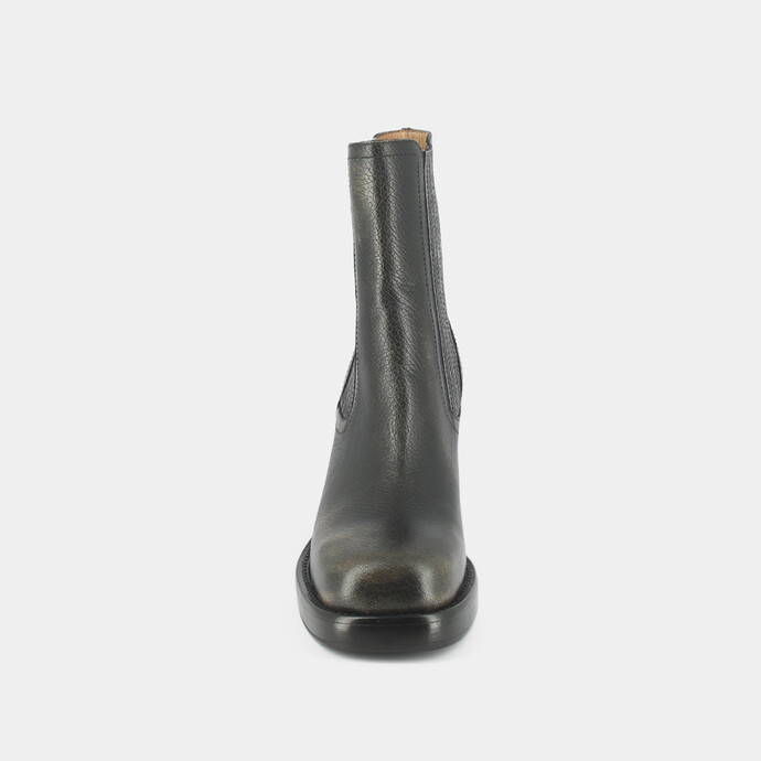 Boots à talons épais, bouts carrés et élastiques  en cuir grainé gris