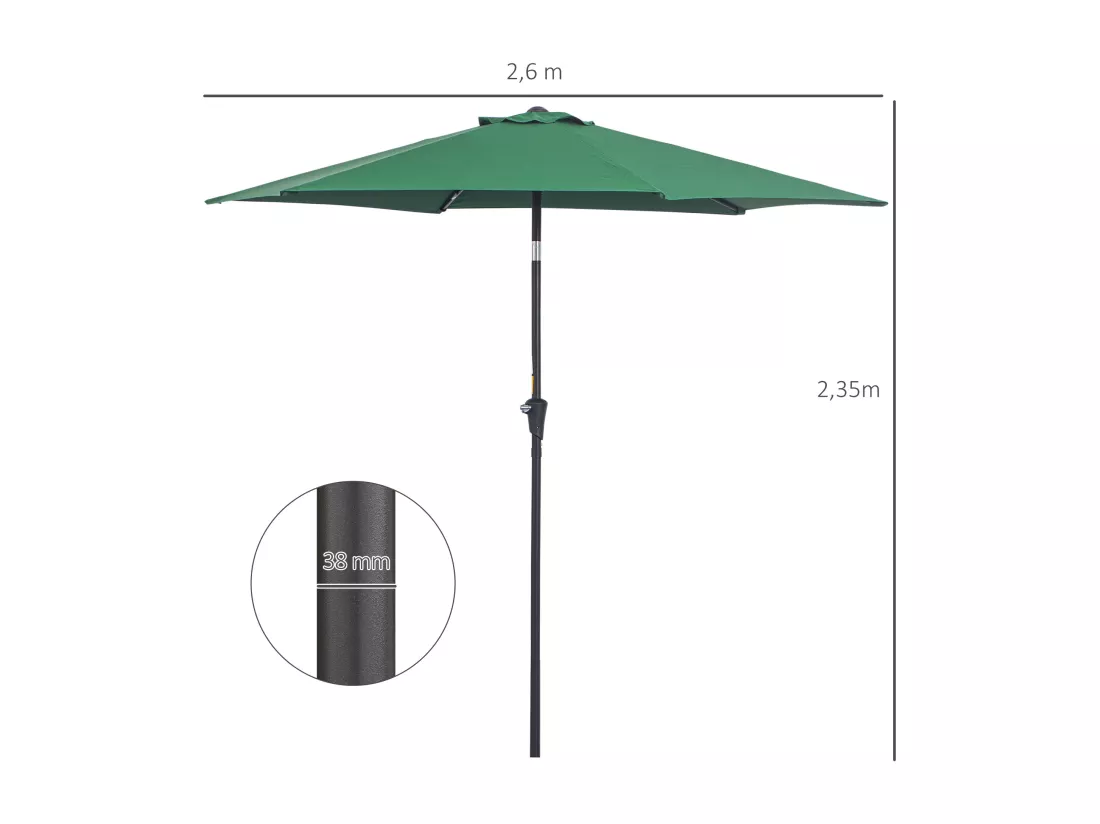 Parasol inclinable de jardin balcon terrasse manivelle toile polyester imperméabilisée haute densité 180 g/m² Ø2,7 x 2,35H m alu vert