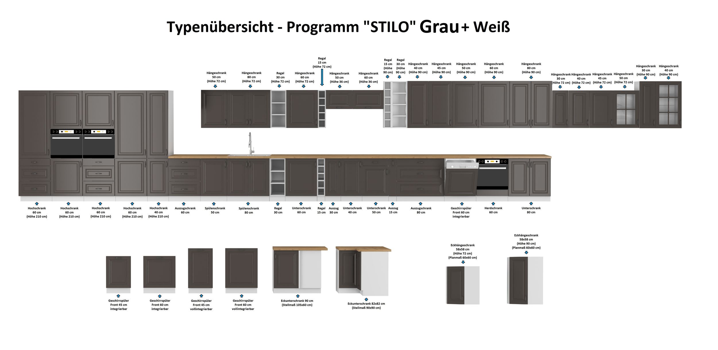 Hängeschrank 40 cm Stilo Grau Küchenzeile Küchenblock Küche Landhaus Einbauküche