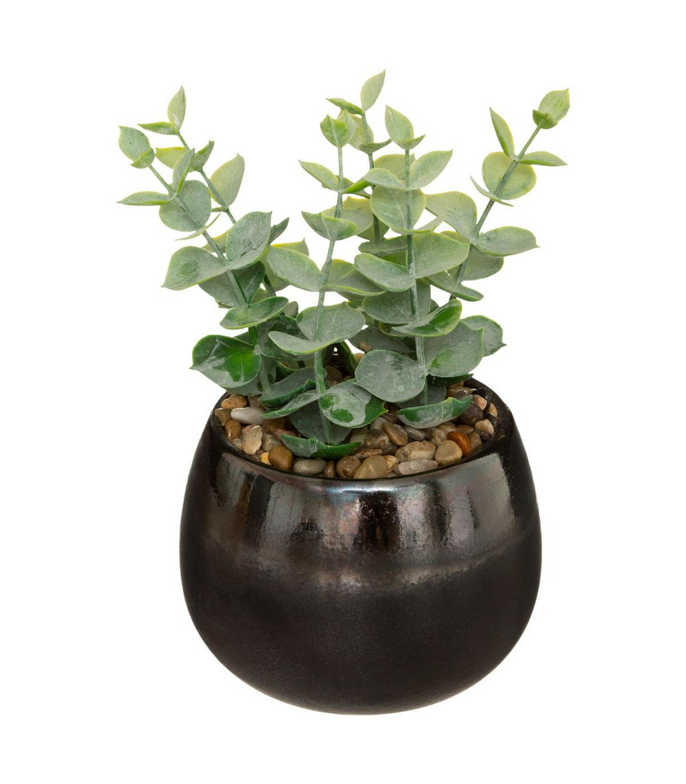 Plante artificielle dans un pot en céramique noire effet réactif